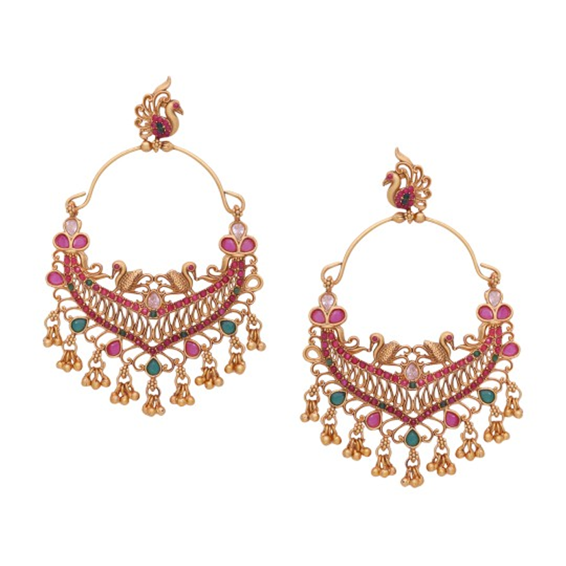 Gold-Plated & Red Peacock Shaped Drop Earrings