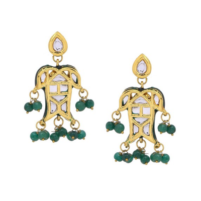 Green & Gold-Plated Handcrafted Kundan Geometric Drop Earrings