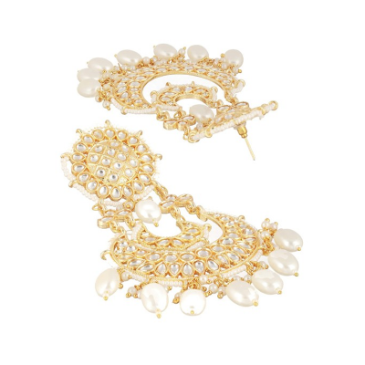 Gold-Plated Contemporary Kundan & Beaded Drop Earrings